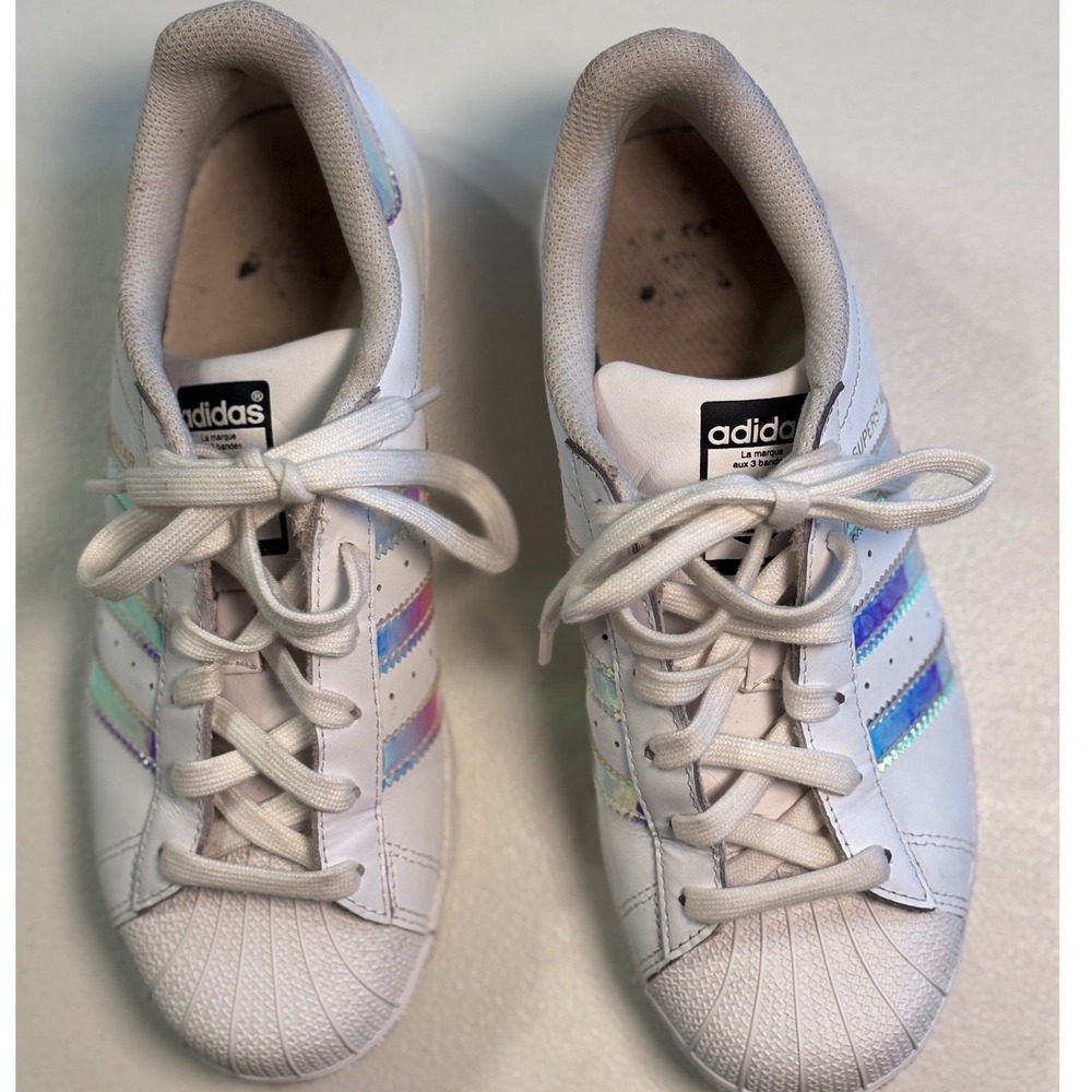 Adidas Superstar Iridescent Stripes White Sneakers Size 4.5 Youth Girl Shoes - Picture 4 of 13